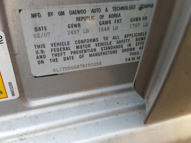 KL1TD56687B150258 - 2007 CHEVROLET AVEO BASE Gümüş foto 10