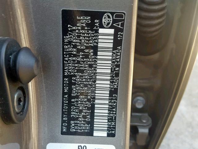 2T1BURHE1HC928032 - 2017 TOYOTA COROLLA L 灰色 照片 10