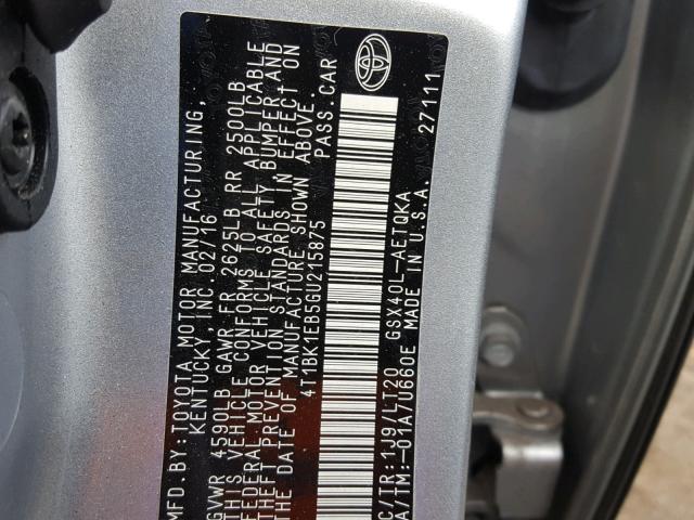 4T1BK1EB5GU215875 - 2016 TOYOTA AVALON XLE GRAY photo 10