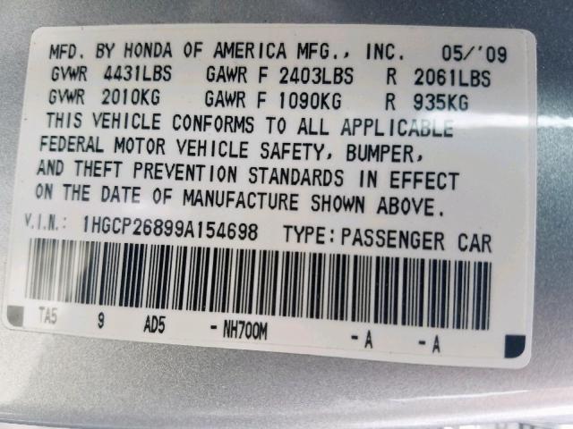 1HGCP26899A154698 - 2009 HONDA ACCORD EXL SILVER photo 10