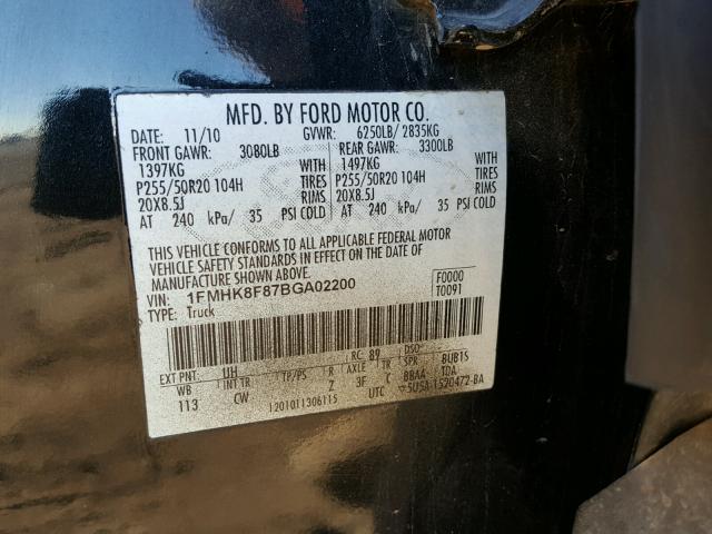 1FMHK8F87BGA02200 - 2011 FORD EXPLORER L BLACK photo 10