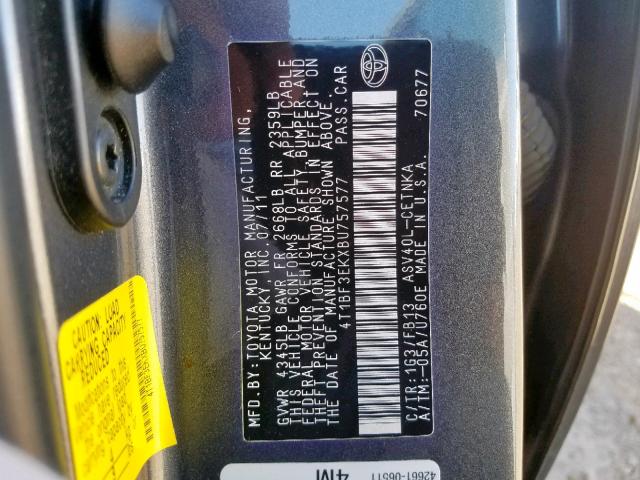 4T1BF3EKXBU757577 - 2011 TOYOTA CAMRY BASE GRAY photo 10