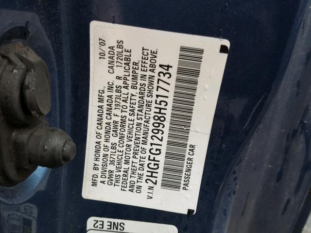 2HGFG12998H517734 - 2008 HONDA CIVIC EXL BLUE photo 10