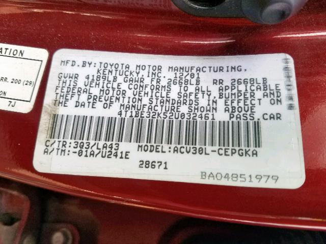 4T1BE32K52U032461 - 2002 TOYOTA CAMRY LE RED photo 10