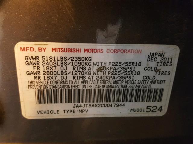 JA4JT5AX2CU017944 - 2012 MITSUBISHI OUTLANDER GRAY photo 10