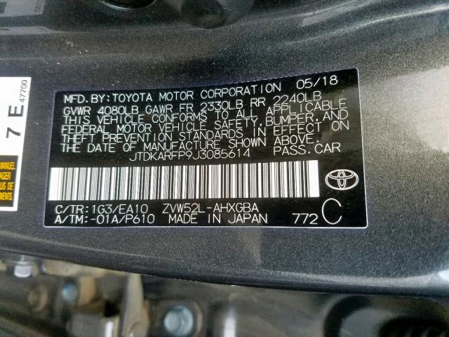 JTDKARFP9J3085614 - 2018 TOYOTA PRIUS PRIM 石墨色 照片 10