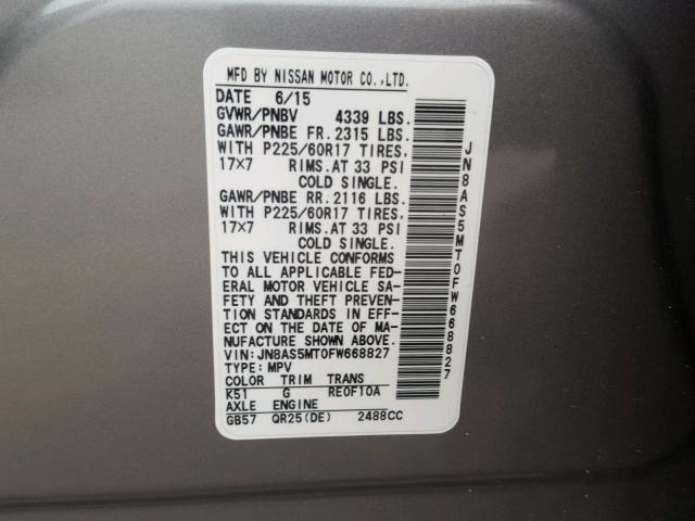 JN8AS5MT0FW668827 - 2015 NISSAN ROGUE SELE GRAY photo 10