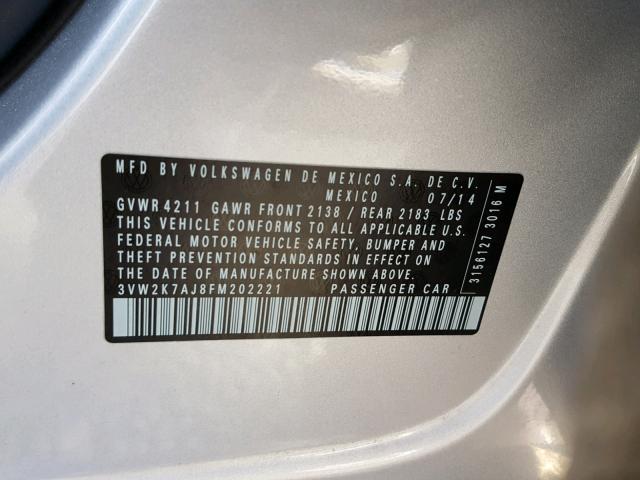 3VW2K7AJ8FM202221 - 2015 VOLKSWAGEN JETTA BASE Արծաթագույն լուսանկար 10
