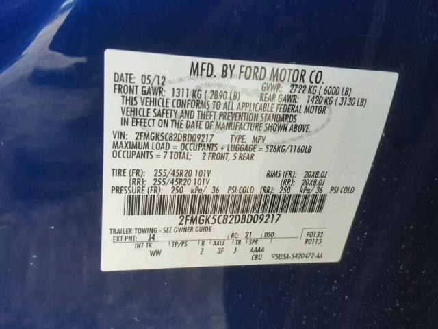 2FMGK5C82DBD09217 - 2013 FORD FLEX SEL BLUE photo 10