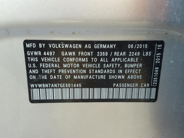 WVWBN7AN7GE501445 - 2016 VOLKSWAGEN CC BASE SILVER photo 10