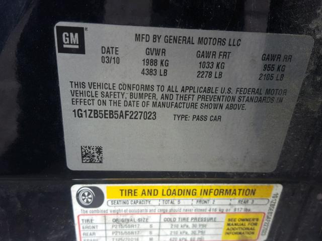 1G1ZB5EB5AF227023 - 2010 CHEVROLET MALIBU LS 黑色 照片 10