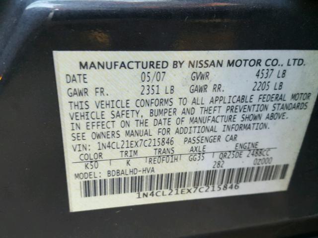 1N4CL21EX7C215846 - 2007 NISSAN ALTIMA HYB GRAY photo 10