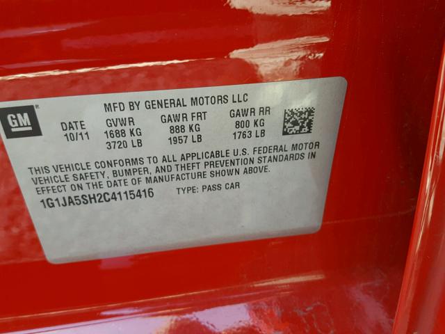 1G1JA5SH2C4115416 - 2012 CHEVROLET SONIC LS RED photo 10