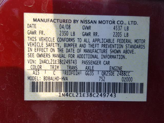 1N4CL21E38C249743 - 2008 NISSAN ALTIMA HYB RED photo 10