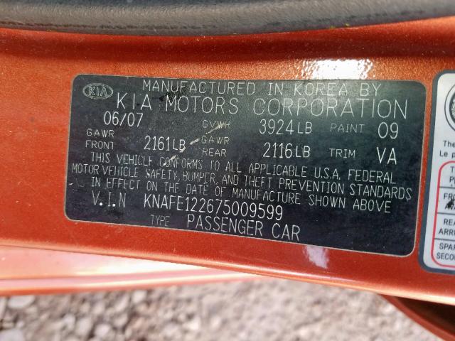 KNAFE122675009599 - 2007 KIA SPECTRA EX ORANGE photo 10