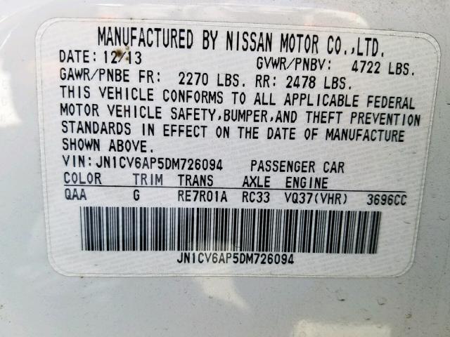 JN1CV6AP5DM726094 - 2013 INFINITI G37 BASE WHITE photo 10