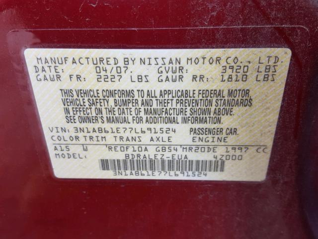 3N1AB61E77L691524 - 2007 NISSAN SENTRA 2.0 BURGUNDY photo 10