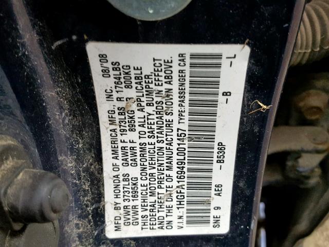 1HGFA16949L001457 - 2009 HONDA CIVIC EXL 蓝色 照片 10