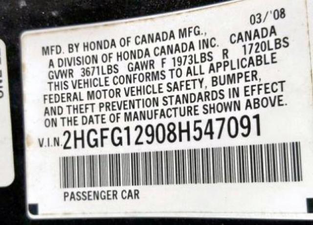 2HGFG12908H547091 - 2008 HONDA CIVIC EXL 黑色 照片 10