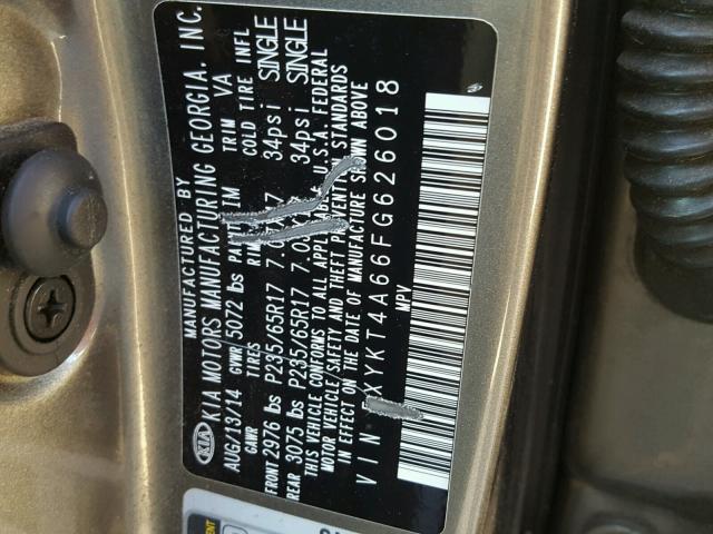 5XYKT4A66FG626018 - 2015 KIA SORENTO LX GRAY photo 10