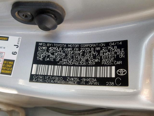 JTDKN3DP6E3061359 - 2014 TOYOTA PRIUS PLUG SILVER photo 10