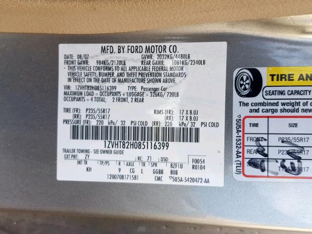 1ZVHT82H085116399 - 2008 FORD MUSTANG GT SILVER photo 10