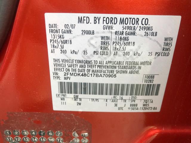 2FMDK48C17BA70905 - 2007 FORD EDGE SEL ORANGE photo 10