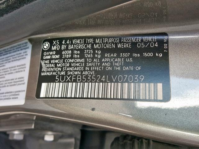 5UXFB53524LV07039 - 2004 BMW X5 4.4I GRAY photo 10