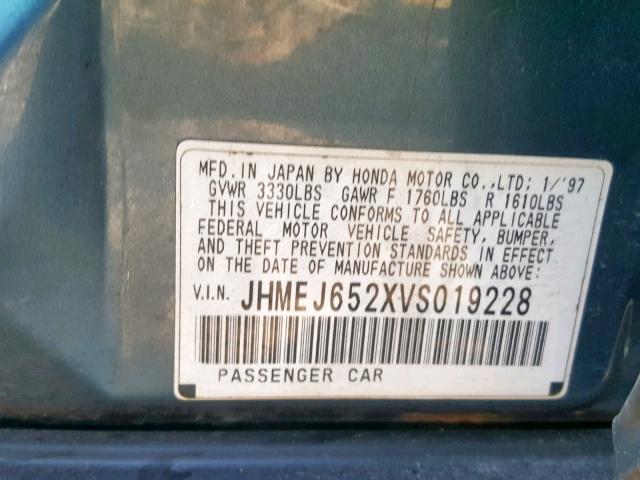 JHMEJ652XVS019228 - 1997 HONDA CIVIC DX BLUE photo 10