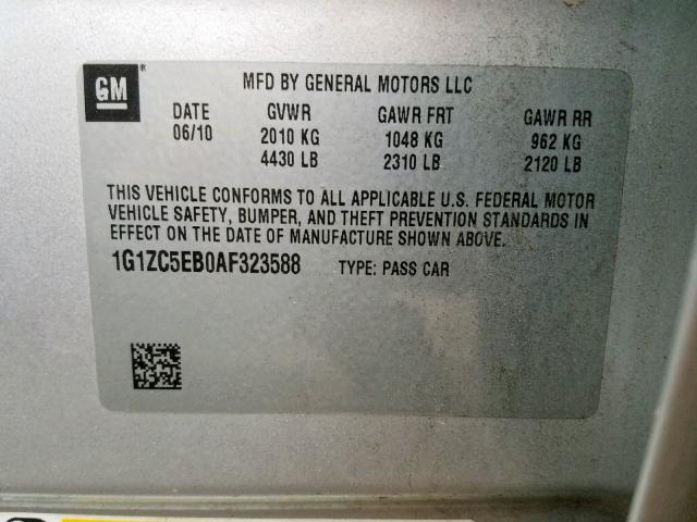 1G1ZC5EB0AF323588 - 2010 CHEVROLET MALIBU 1LT 银色 照片 10