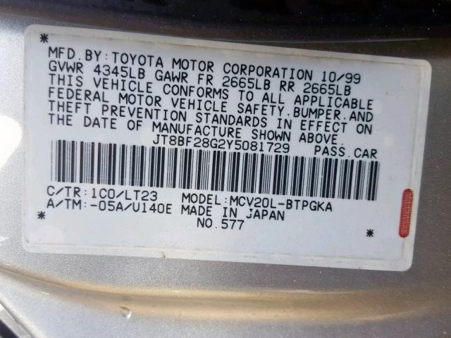 JT8BF28G2Y5081729 - 2000 LEXUS ES 300 SILVER photo 10