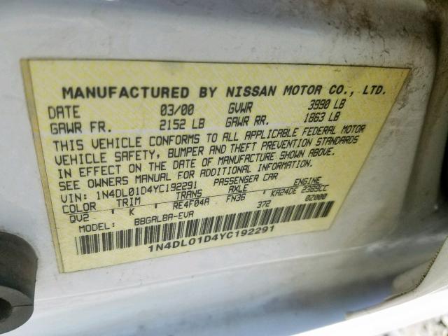 1N4DL01D4YC192291 - 2000 NISSAN ALTIMA XE WHITE photo 10