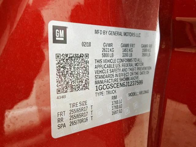 1GCGSCEN6J1237599 - 2018 CHEVROLET COLORADO L MAROON photo 10