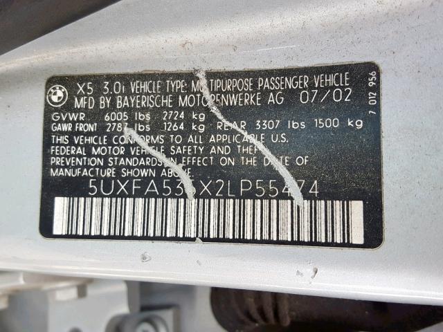 5UXFA535X2LP55474 - 2002 BMW X5 3.0I SILVER photo 10