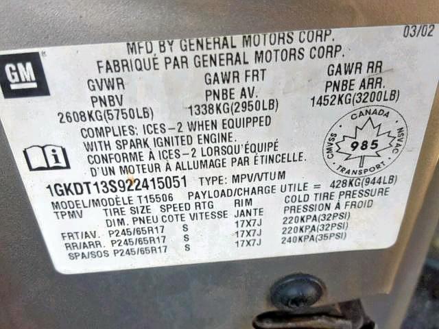 1GKDT13S922415051 - 2002 GMC ENVOY SILVER photo 9