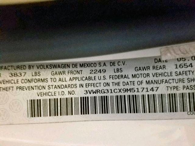 3VWRG31CX9M517147 - 2009 VOLKSWAGEN NEW BEETLE თეთრი ფოტო 10
