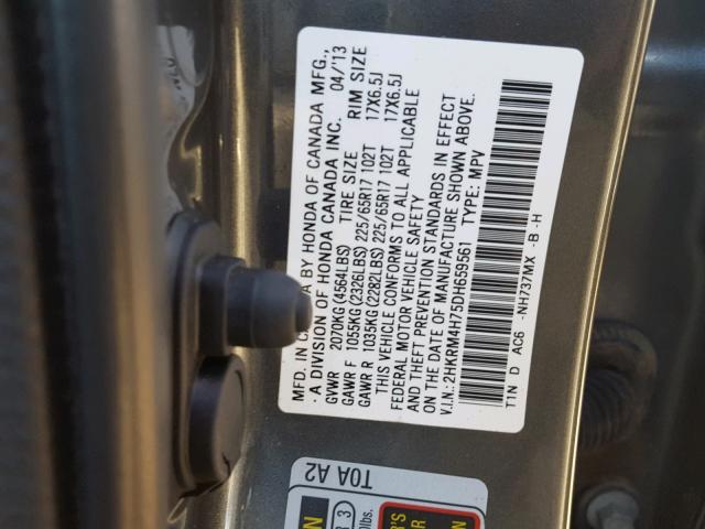 2HKRM4H75DH659561 - 2013 HONDA CR-V EXL GRAY photo 10