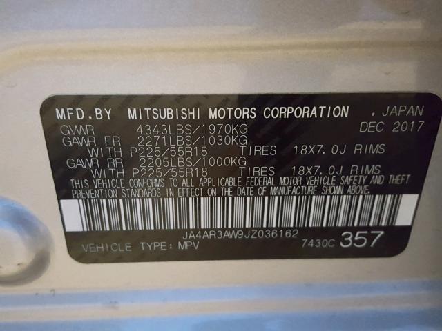 JA4AR3AW9JZ036162 - 2018 MITSUBISHI OUTLANDER SILVER photo 10