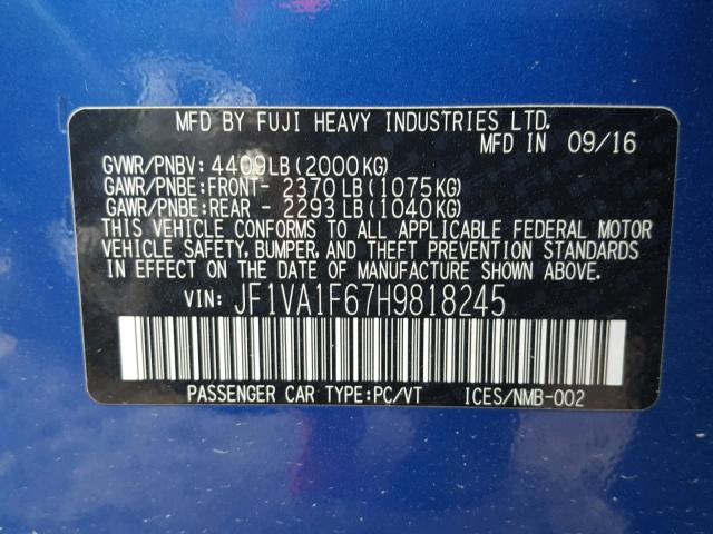 JF1VA1F67H9818245 - 2017 SUBARU WRX PREMIU BLUE photo 10