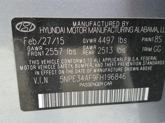 5NPE34AF9FH196846 - 2015 HYUNDAI SONATA SPO GRAY photo 10