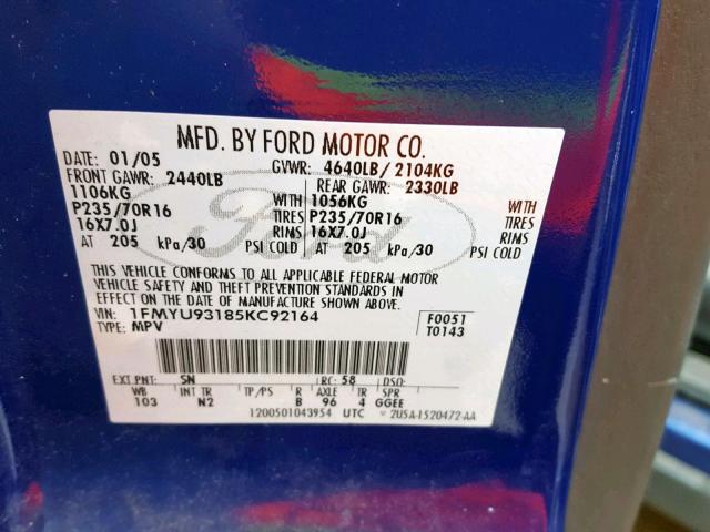 1FMYU93185KC92164 - 2005 FORD ESCAPE XLT BLUE photo 10