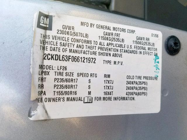 2CKDL63F066121972 - 2006 PONTIAC TORRENT GRAY photo 10