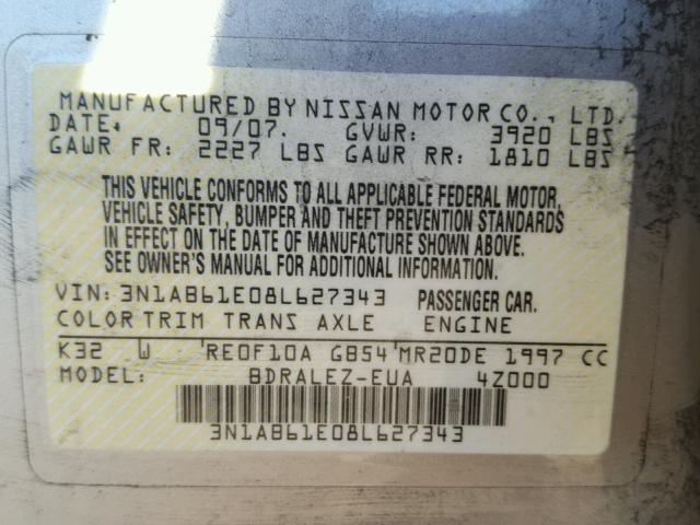 3N1AB61E08L627343 - 2008 NISSAN SENTRA 2.0 GRAY photo 10