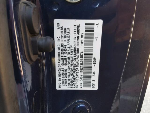 5J6YH18213L014574 - 2003 HONDA ELEMENT DX BLUE photo 10