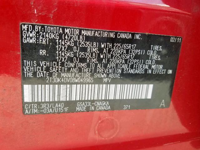 2T3DK4DV0BW049965 - 2011 TOYOTA RAV4 LIMIT RED photo 10