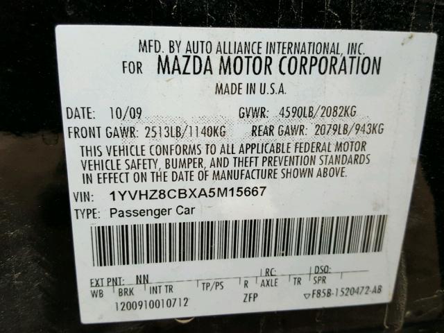 1YVHZ8CBXA5M15667 - 2010 MAZDA 6 S BLACK photo 10