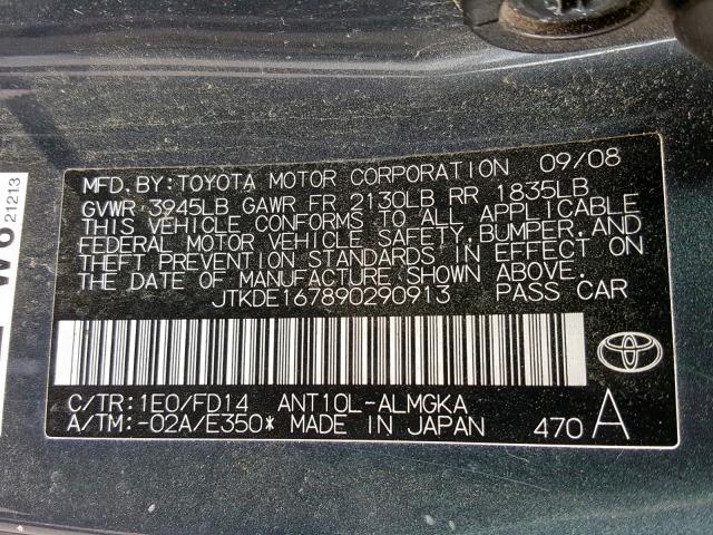 JTKDE167890290913 - 2009 TOYOTA SCION TC ნაცრისფერი ფოტო 10