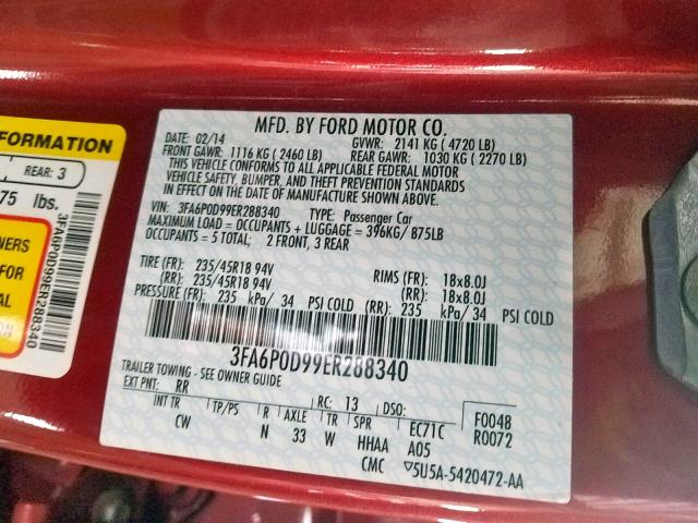 3FA6P0D99ER288340 - 2014 FORD FUSION TIT RED photo 10