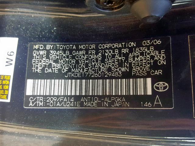 JTKDE177260129483 - 2006 TOYOTA SCION TC CHARCOAL photo 10