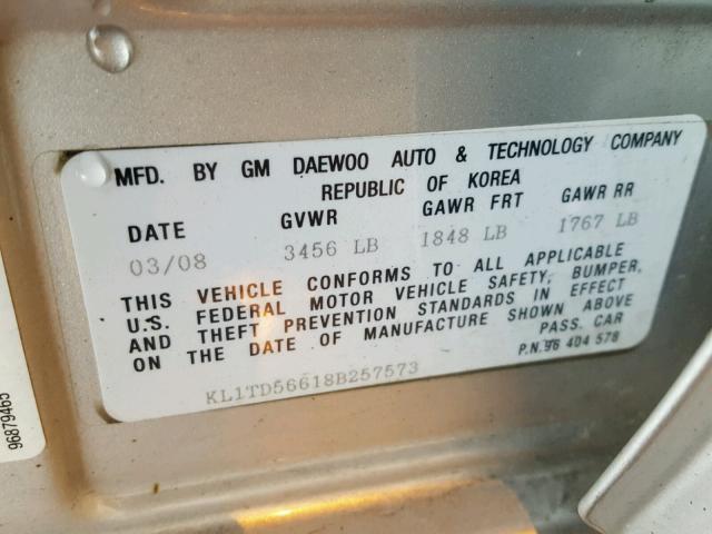 KL1TD56618B257573 - 2008 CHEVROLET AVEO BASE Күміс фото 10